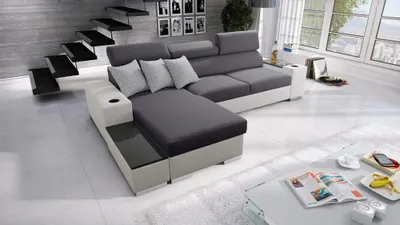Produktbild von Ecksofa mit Schlaffunktion Eckcouch PERS I MAXI Sofa (Grau Sawana 96 + weißes Kunstleder, Links)