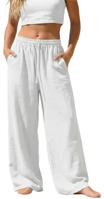 Produktbild von ASKSA Damen Leinenhose Sommer Lang Leichte Hose Musselin Weites Bein Stoffhose Einfarbig Freizeithose mit Taschen Weiss XXL