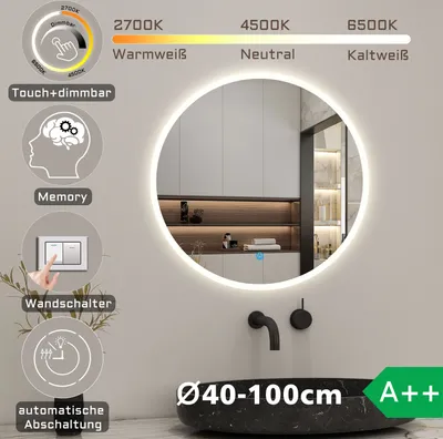 Produktbild von Badspiegel rund 50cm Warm/Neutral/Kaltweiß dimmbar Memory Touch/Wandschalter Beschlagfrei Runder Spiegel automatische Abschaltung
