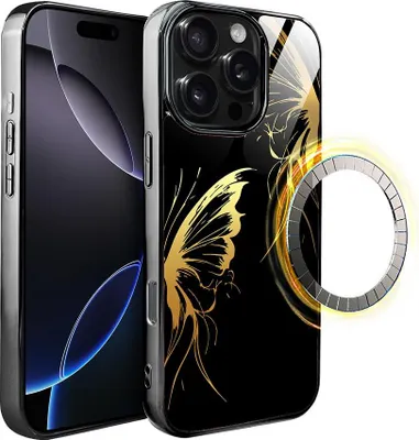 Produktbild von iPhone 16 Pro IBIZU Elite Glass Case mit MagSafe, Glasrückseite, Golden Midnight, Butterfly Wings, Schwarz