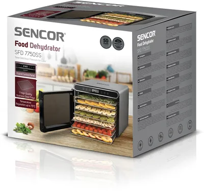 Obrázek produktu pro SENCOR SFD 7750SS Sušička ovoce, celková plocha 0,59 m², 7 kovových podnosů, nastavení času a teploty, Horizontal Air Flow, LED displej, teploty 30–75 °C, elektronický časovač, podnos 300 × 280 mm, tepelná pojistka, příkon 600 W