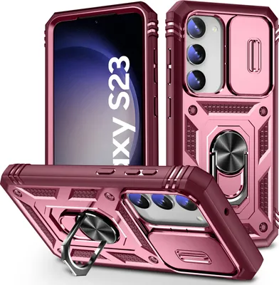 Produktbild von Galaxy S23 Hülle, Schiebe Kamera Schutz Robust Rüstung Schutzhülle mit Ringhalterung Ständer Kartenhalter für Samsung Galaxy S23 Rosa