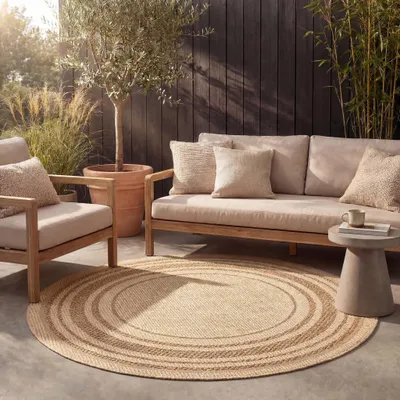 Produktbild von Volero - Jute Gartenteppich Rund - Mavi Border Creme Braun - Ø 120 cm - Garten / Terrasse, Flur - Boho, Ländlich