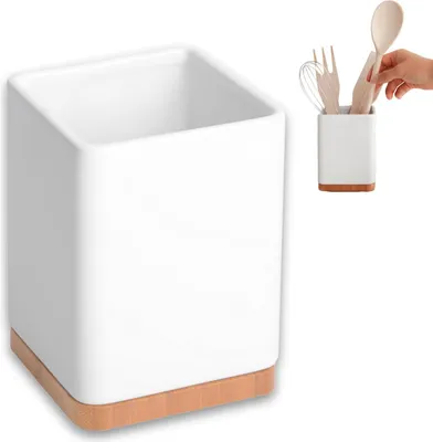 Immagine prodotto di Portautensili da cucina - Accessori per la cucina - 1 pezzo - Bianco - Vetroceramica e bambù - 105 x 105 x 15 cm