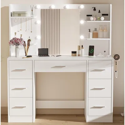 Obrázok produktu pre Toaletný stolík so zrkadlom, LED osvetlením, 2 zásuvkami, 2 USB portami, 7 zásuvkami, biela farba