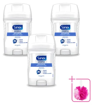 Imagen del producto de 3 unidades de antitranspirante en barra Sanex Maximum Protection, 50 ml cada uno, pack ahorro
