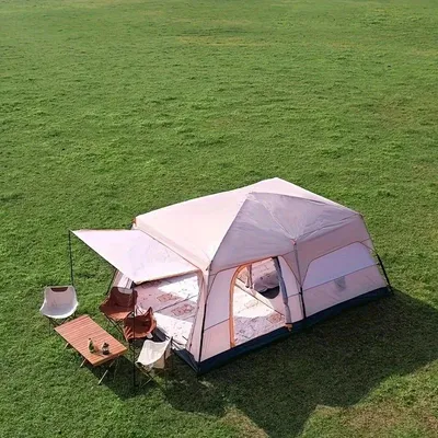 Produktbild von Großes Camping- & Familienzelt - Trekkingzelt - Für 6–10 Personen - 2 Schlafkabinen + Wohnbereich - Aluminiumstangen - 201T Polyester/Oxford - Moskitonetz