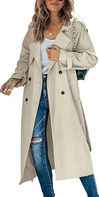 Produktbild von Damen Trenchcoat Lang Frauen Winddicht Pea Jacket Strickjacke Elegant Outdoor Übergangsmantel Übergangsjacke Herbst Frühling
