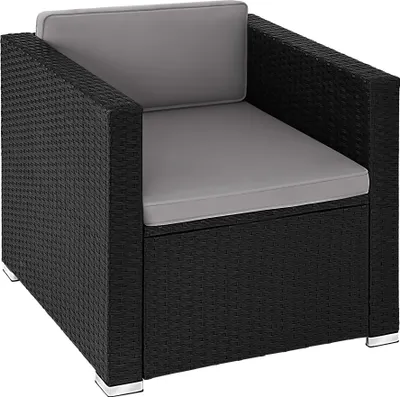 A black rattan armchair with gray cushions, shown from a front-side angle.