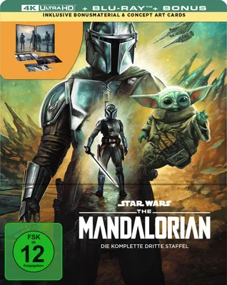 The image is a promotional poster for The Mandalorian Season 3 Blu-ray release, featuring the main characters and product details.