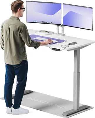Zdjęcie produktu dla Desktronic HomeOne Elektryczne biurko z regulacją wysokości 140x70 cm szaro-białe z funkcją pamięci, technologią antykolizyjną, portami ładowania USB-A i USB-C