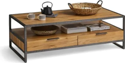 Image de Table basse en bois et métal avec tiroirs pratiques et étagère ouverte