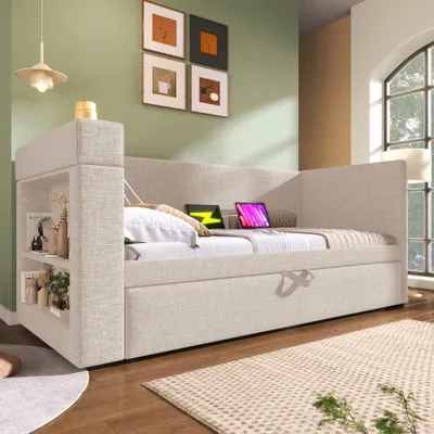 Zdjęcie produktu dla Wielofunkcyjna rozkładana sofa z wysuwanym łóżkiem, podłokietnikami z portami USB i Type-C, uchwytem na kubek, tkanina lniana, beżowa, 90x190 cm (bez materaca)
