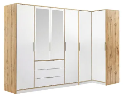 Produktbild von Eckkleiderschrank 6 Türen und 3 Schubladen - Mit Spiegeln - B302/311 cm - Weiß und Natur - LAMIKI