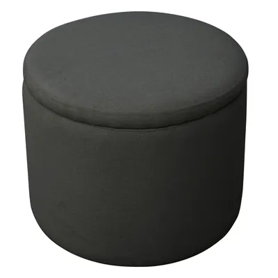 A dark gray round storage ottoman with a lid, shown from a slightly elevated angle against a white background.