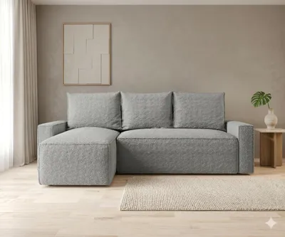 Image de Canapé d’angle HAVANA gauche gris bouclé Quelle 83 - fonction couchage, coffre de rangement pour la literie
