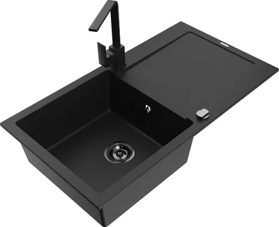 Produktbild von Mexen Leo 1 Becken-Granitspüle mit Abtropffläche und Mischbatterie Rita, Schwarz - 6501-77-670300-70-B