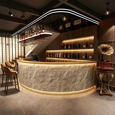 Image de Comptoir de bar rond avec façade en pierre synthétique aspect pierre naturelle – Comptoir d'accueil avec éclairage LED pour café, bar, hôtel, restaurant, gris 200 × 60 × 100 cm 【SDWW 200】
