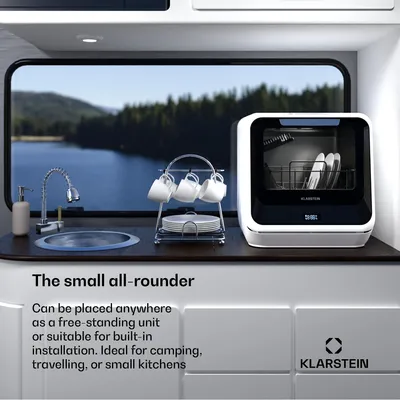 Obrázek produktu pro Klarstein Amazonia mini myčka nádobí - kompaktní stolní myčka nádobí s nádržkou na vodu, 7 programů, 5 l, digitální displej, tichá 58 dB,  přenosná pro malé kuchyně a cestování, stříbrná