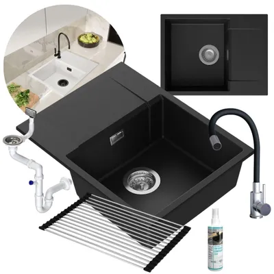 Produktbild von GRANMASTER MODENA Granitspülbecken Komplett-Set mit Schwarzer Edelstahl-Küchenarmatur, Manueller Syphon, Rollmata und Imprägniermittel – 1-komorige