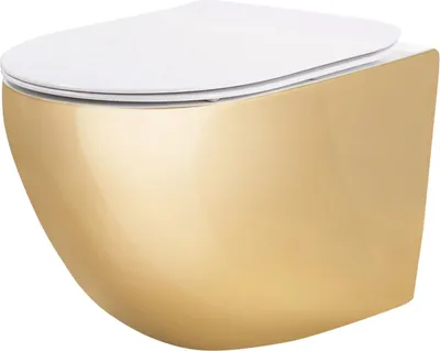 A wall-mounted toilet with a gold-colored base and a white lid.