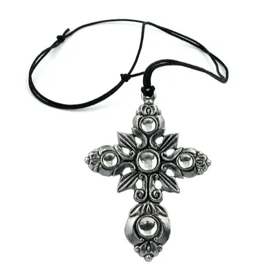 Produktbild von Kette 66x55mm Zinn-Anhänger Kreuz filigran mit 5x Glasstein kristall 110cm