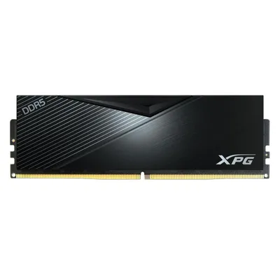 A black DDR5 RAM module with silver accents and branding.