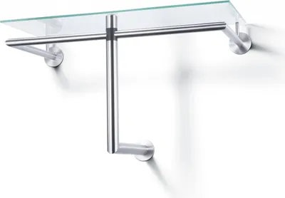 A modern metal and glass shelf with a towel bar attached, mounted on a white wall.