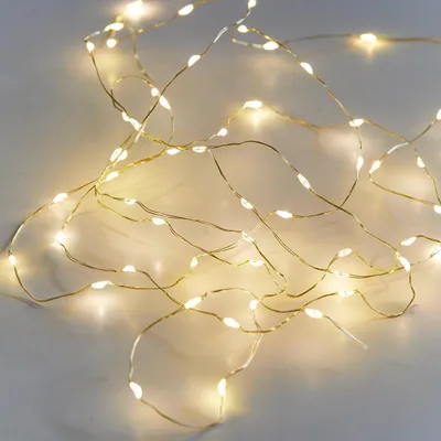 LED-Lichterkette, 60 warmweiße LEDs, 3 m, Golddraht, batteriebetrieben