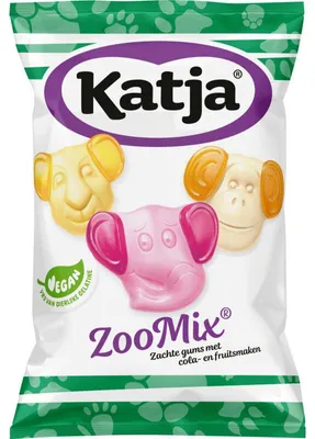 Produktbild von Katja - Katja Zoo Mix snoep, mix van 3 zachte fruitgums met echt fruitsap, zak van 255 g