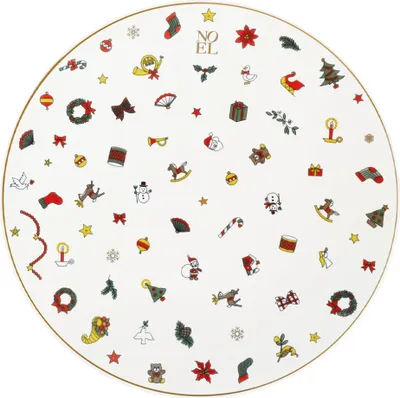 A round plate with a white background decorated with various small Christmas-themed illustrations.