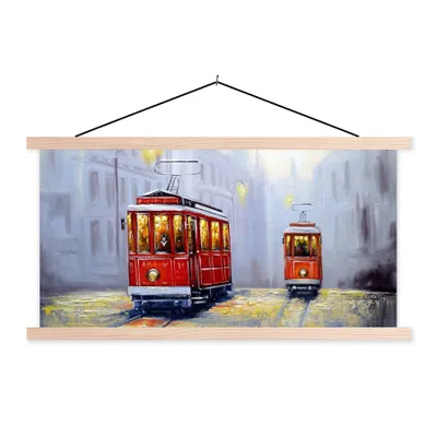Produktbild von MuchoWow® Textilposter Gemälde - Straßenbahn - Stadt - Öl 120x60 cm mit holzfarbenen Rahmen - Klemmleiste