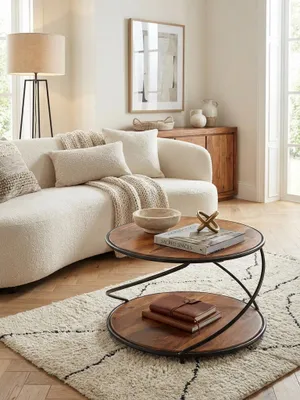 Moderner Couchtisch aus Sheesham Massivholz mit gedrehtem Metallgestell, elegant im Wohnzimmer vor einem Sofa auf einem Teppich platziert._#sku_SAFWL6.551#