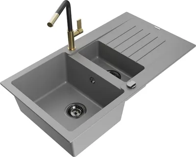 Produktbild von Mexen Matias 1,5-Becken-Granitspüle mit Abtropffläche und Mischbatterie Flora, Grau - 6502-71-670401-57-B
