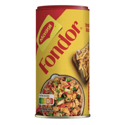 A cylindrical can of Maggi Fondor seasoning.
