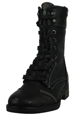 A black leather boot with laces.