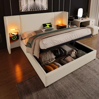 A bedroom scene featuring a bed with storage, a desk, and a lamp.