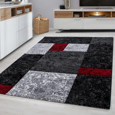Image de Ayyildiz | Tapis moderne Hawaii 3D - 240 cm x 340 cm - Gris-Noir-Rouge - Design géométrique élégant