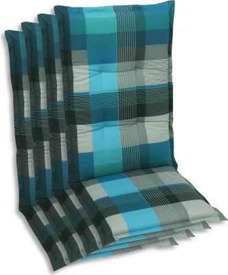 A stack of four chair cushions with a blue, gray, and black plaid pattern.