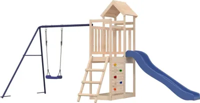 Produktbild von dkd-home-decor Spielturm aus Massivholz Kiefer mit Wellenrutsche, Schaukel, Leiter, Kletterwand, Sandkasten und Holzdach, 465 x 186 x 214 cm
