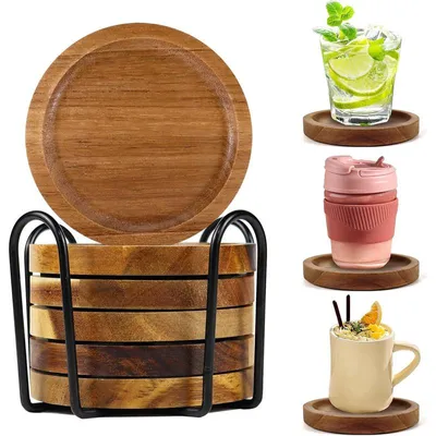 Produktbild von 10cm Untersetzer Gläser Holz 6er Set, Glasuntersetzer Holz mit Halter, Akazienholz Untersetzer Rund für Gläser, Holzuntersetzer mit Rand für Getränke