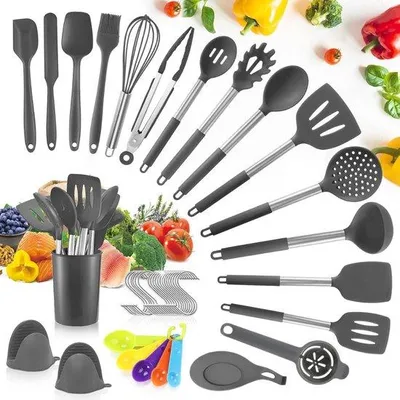 Produktbild von Silikon Kochutenset - BPA-frei - Ondockbar - Kochutenset mit Halter - Hochwertig - Hitzebeständig - Silikon - Kochutenset für den Alltag