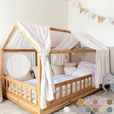Produktbild von Musselin Hausbett Himmel für Kinderzimmer mit Gold Applikation