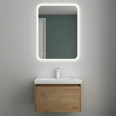 Produktbild von Mai & Mai Badmöbelset Badezimmermöbel Kerneiche Waschbeckenunterschrank 60 cm mit Waschschbecken aus Mineralguss und LED-Badspiegel Salerno