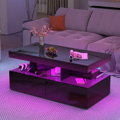 Produktbild von CDGlobal Couchtisch Wohnzimmertisch Schwarz Hochglanz, Sofatisch mit LED Beleuchtung, 2 Schubladen und offenen Fächern, modern Kaffeetisch mit Stauraum, für Büro Empfang Wartebereich,104x53x46cm
