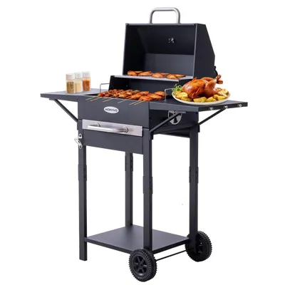 A black charcoal grill with food on it, set against a white background.