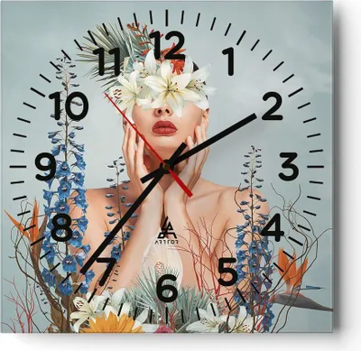 Produktbild von Wanduhr - Quadrat - Glasuhr - Surreal Frau Blumen - 40x40cm - Schleichendes Uhrwerk - Lautlos - zum Aufhängen bereit - Dekoration Modern - Wanddekoration aus Glas - C4AC40x40-4818