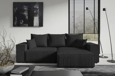 Produktbild von Ecksofa 2 Sitzer MINI POSSO von ANTONIO L-Form mit Schlaffunktion und Bettkästen in Schwarz Cordbezug, Schenkel Ottomane rechts oder links