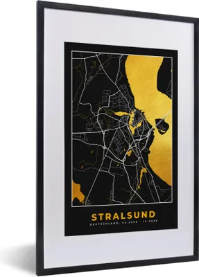 Produktbild von MuchoWow® Gerahmtes Poster Stralsund - Gold - Karte - Stadtplan - Deutschland 40x60 cm - Poster mit Schwarzem Bilderrahmen Wandposter Rahmen Foto Bilder - Poster in Rahmen