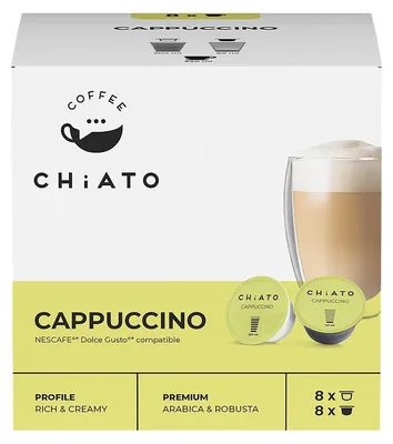 Obrázek produktu pro Kávové kapsle kompatibilní se systémem NESCAFÉ® Dolce Gusto®, vhodné pro přípravu nápoje CHiATO Cappuccino, balení obsahuje 8+8 kusů.